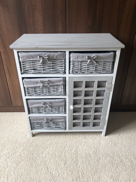 Grey Vintage Rustic Storage Cupboard Chest Of Drawers Wicker Etsy
