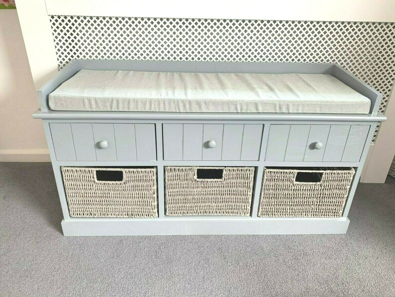 Elegant Grey Storage Bench With Baskets Sturdy Hallway Cushion Etsy
