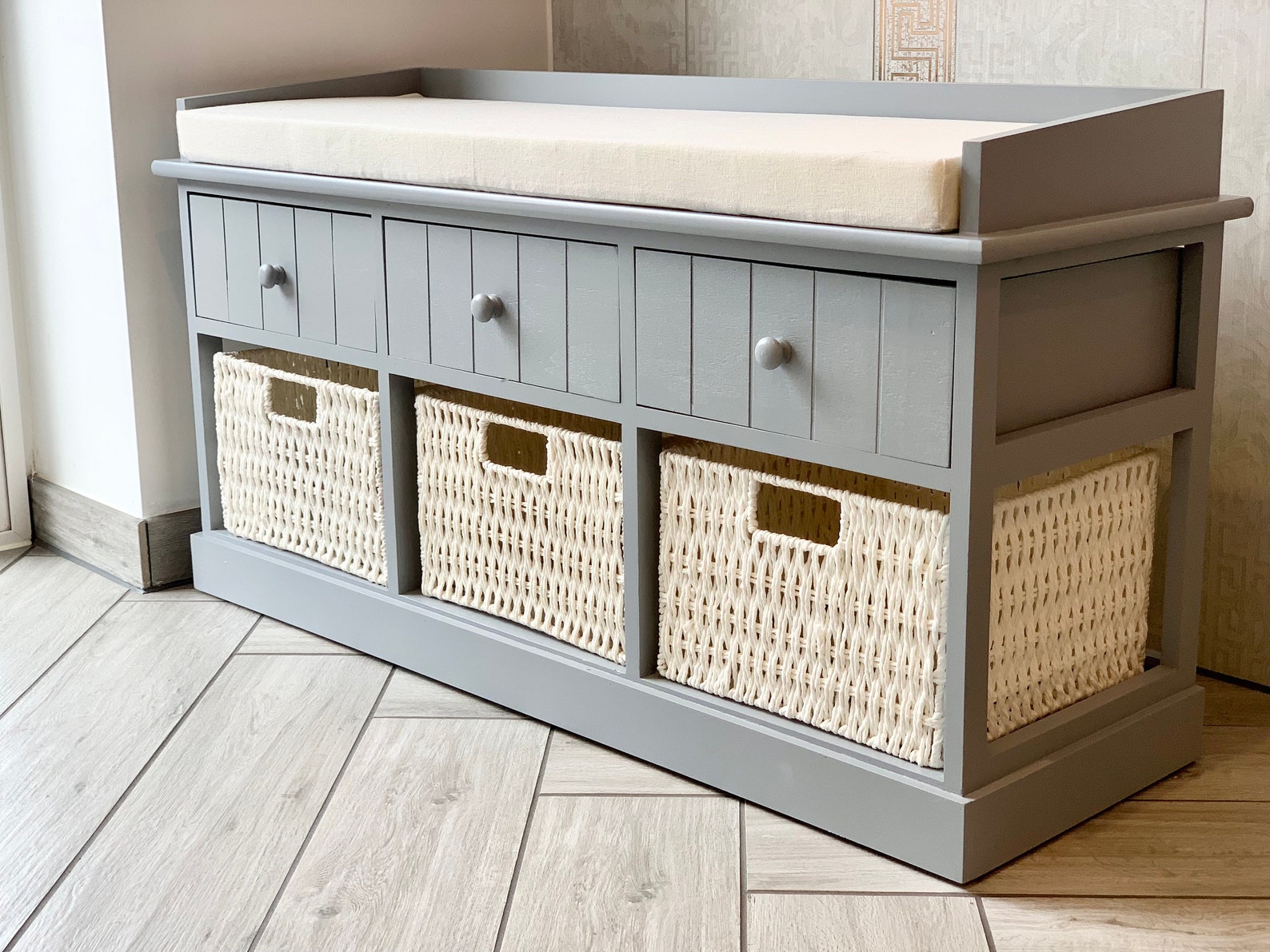 Home Delights Grey Storage Bench With 3 Drawers & 3 Cream Etsy