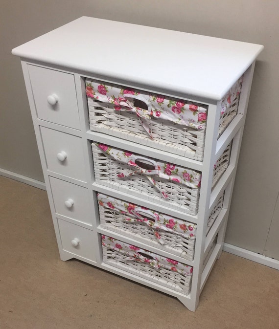 White Wood Girly Pink Floral Chest Of Drawers Wicker Baskets Etsy