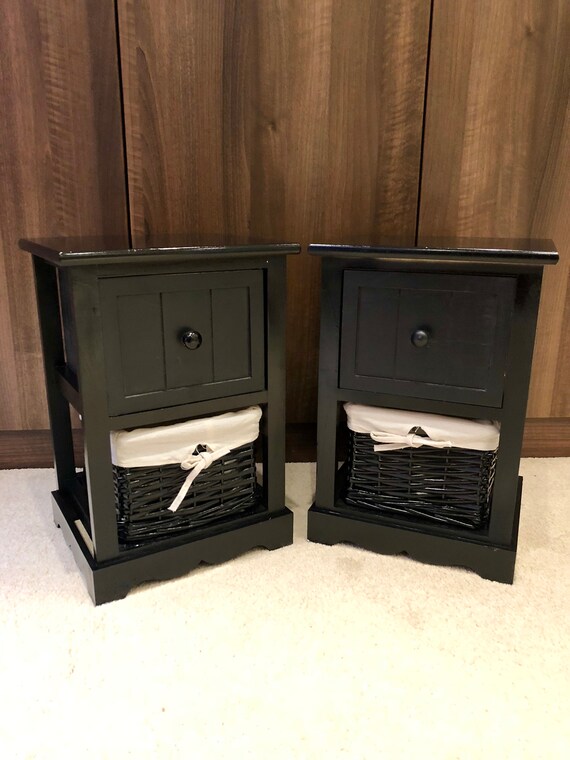 2x Gloss Black Bedside Tables Wicker Storage Baskets Bedroom Etsy