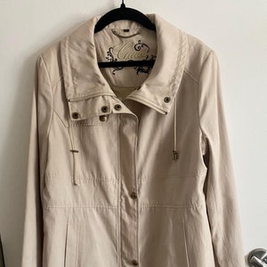 Vintage Guess, Super Cute P Coat-Rain Coat, Jacket, Monogramed lining, Snap- Zip Front, Tan, with Guess Buttons, Size Large, Great Condition