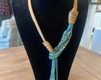 Uniquely Styled, Vintage, Long Turquoise, Blue Moon Turquoise Stone Necklace, Diamond Cut on Adjustable Suede, Stunning!