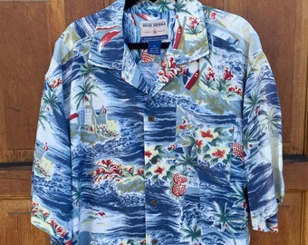 Vintage 1980s Rayon Hawaiian Shirt, Muted Blues, Coconut Buttons