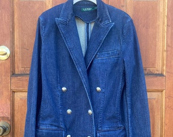 Vintage Ralph Lauren Double Breasted Dark Blue Jean, Denim  Women's Blazer with Silver Monogramed Buttons, Size 12, Great Condition