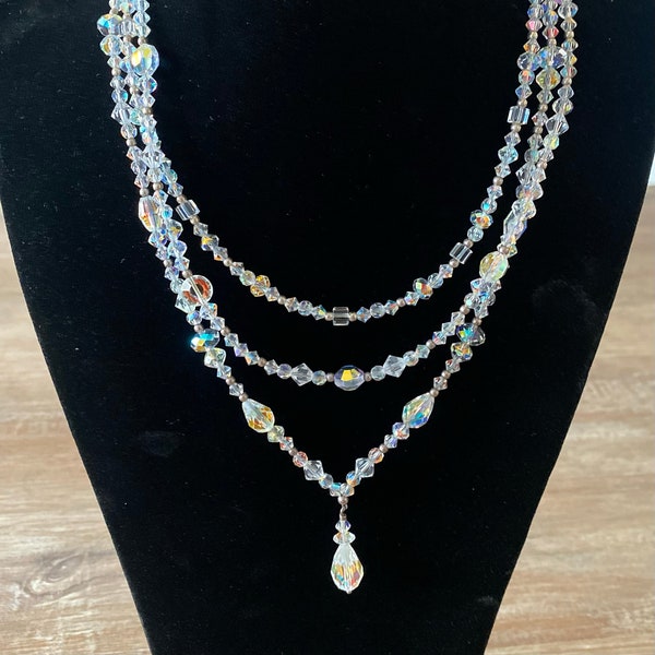 Stunning Vintage Crystal & Sterling Silver Necklace, 3 Strand By Tres Jolie, Retired, 15 to 16" Choker Style, Something for the Bride