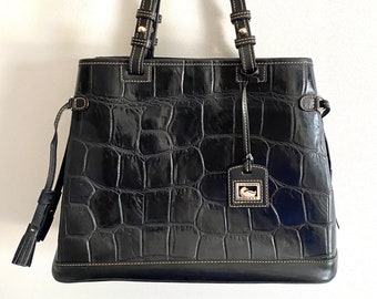 Vintage Preowned Luxury  Dooney & Bourke Black Crocodile Embossed Genuine Leather Satchel, Business Tote, Satchel