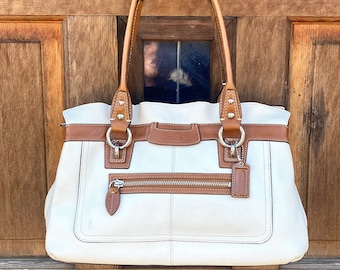 Vintage Coach Penelope Satchel, White & Leather with Blue Satin Lining, Great Condition