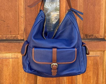 Vintage Isaac Mizrahi Blue Genuine Leather Slouchy Satchel, Hobo Bag with Brown Leather Strap and Trim, Silver Metal Feet, Great Condition