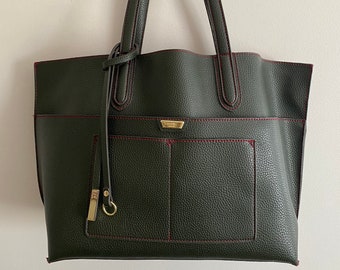 Designer Vintage Tutilo Carry of the Day Tote in Pebbled Dark Green Leather w/ Red Interior &  Detachable take away clutch for essentials