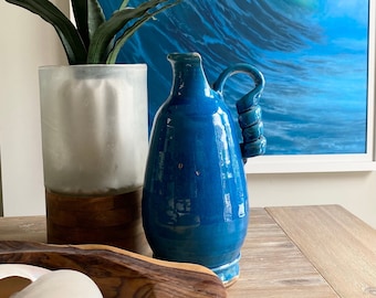 Vintage Tuscan 15 1/2" Tall Pottery Vase, Cobalt Blue, Hand Painted with Drips and Distressing and A Lovely Twisted Handle