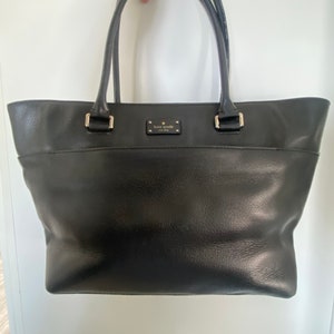 Pre-Owned Genuine Kate Spade Real Black Leather Satchel, Twin Handles, Top Zip Closure, with Silver Metal and Black Monogramed Lining Tote