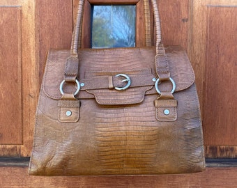 Vintage Talbots Italian Tan Genuine Leather Shoulder Handbag Lizard Embossed, Made In Italy, Mint Condition, Handbag