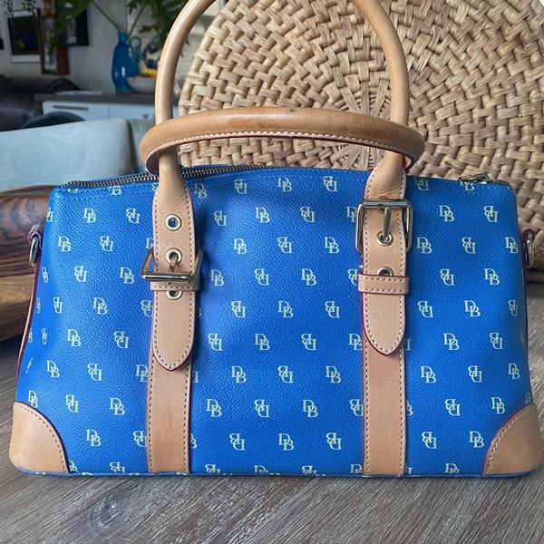 Vintage 100% Authentic Dooney & Bourke Domed Satchel, Blue Monogramed Designer Handbag, Excellent Pre Owned Condition, Like New