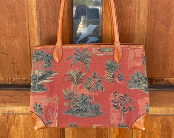 Vintage Tommy Bahama Distressed Tan Leather Palm Tree Tapestry Tote, Carpet Bag Travel Satchel, Red Salmon Color Hawaiian Weekender Tote