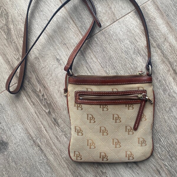 Vintage Authentic Dooney & Bourke Letter Carrier DB Crossbody Bag, Canvas Tan and Leather