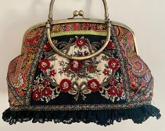 Vintage Fun & Flirty Purse with Top Handle in Metal, Beaded, Gold Thread w/ Black, Reds, Greens, and Black Lace