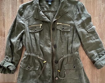 Linen Cargo Blazer, Distressed Army Green Jacket, Travel Pockets, Size M