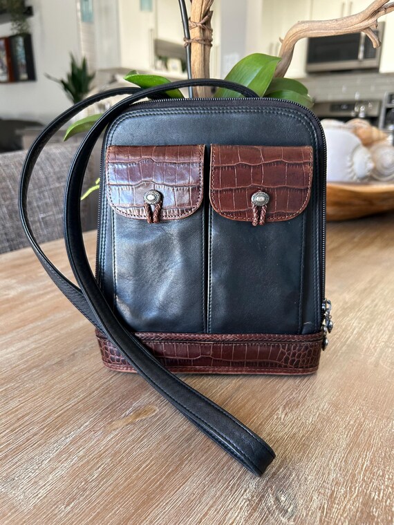 Vintage Brighten Leather Crossbody Messenger Bag, 2 Tone Leather, Black & Brown Croc, Distressed,