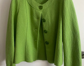 GEIGER Vintage Sweater Jacket from Austria by Geiger, Bright Green w/ Buttons,100 percent Pure Virgin Laine Wool, Mint Condition