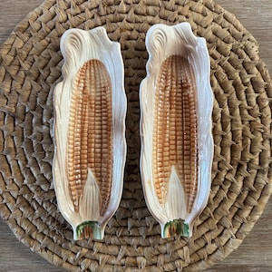 Vintage Corn Cobb Holders, Ceramic Corn Cobb Holders Embossed and Colored the Color of Corn, Footed Oval Bowl Shaped, 1 Set of 2