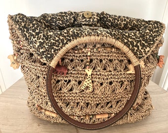 Vintage Authentic St John's Bay Woven with Leather Top Handle Bag with Animals and Colored Wooden Beads