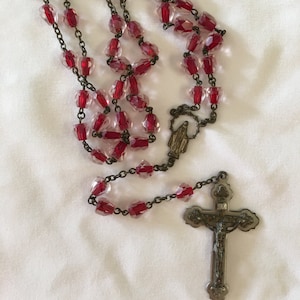 Antique Rosary Red and Glass Clear Crystal 59 Bead Silver and Metal Crucifix