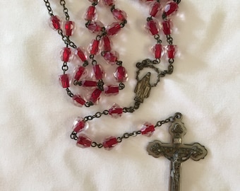 Antique Rosary Red and Glass Clear Crystal 59 Bead Silver and Metal Crucifix
