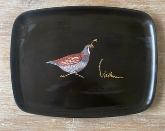 Vintage COUROC Quail Black Serving Tray, Monterey, California, State Bird Tray, Hand Inlaid By master Craftsmen, Resin 1966