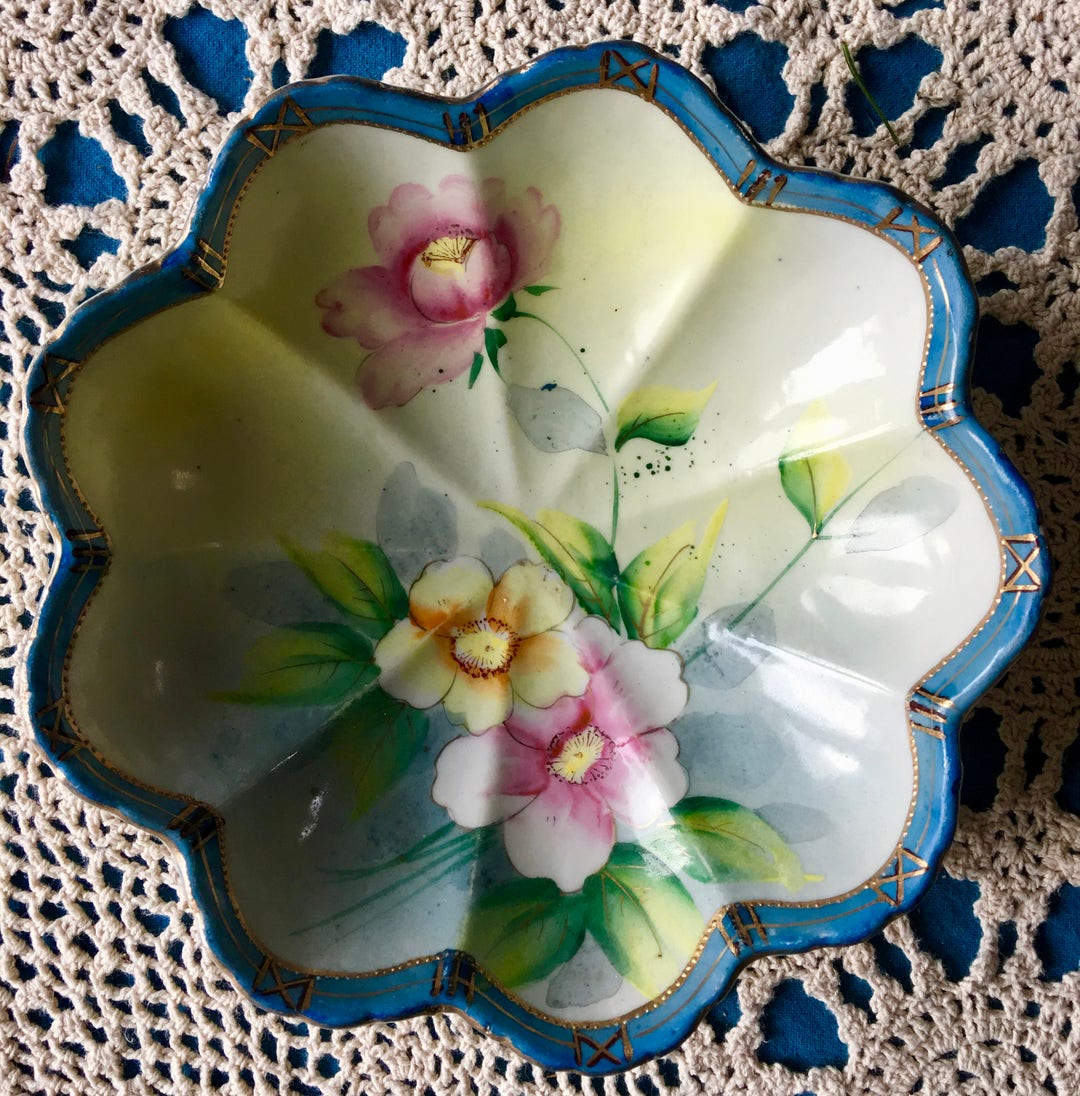 Vintage Nippon Hand Painted Porcelain Flower Bowl, Moriage Beading