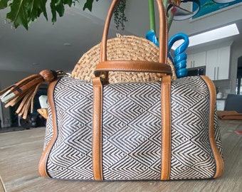 Vintage Fossil Dr Bag, Kendall,  Tan Leather, Textile Woven, Satchel Bag, Dark Brown & Tan Herringbone w/ Leather Handbag