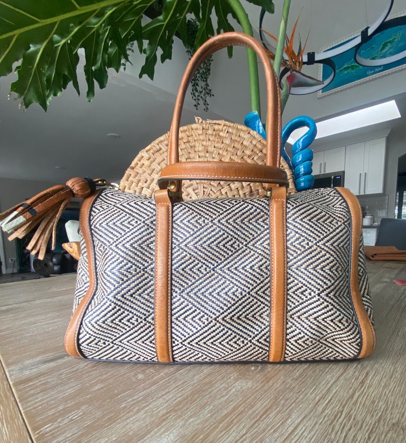 Vintage Fossil Dr Bag, Kendall, Tan Leather, Textile Woven, Satchel Bag, Dark Brown & Tan Herringbone w/ Leather Handbag image 1