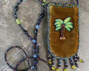 Vintage Olive Green Velvet Beaded Palm Tree Shaman Pouch Medicine Bag, Crossbody, or Necklace Small Purse,  Indian Style Concert Pouch