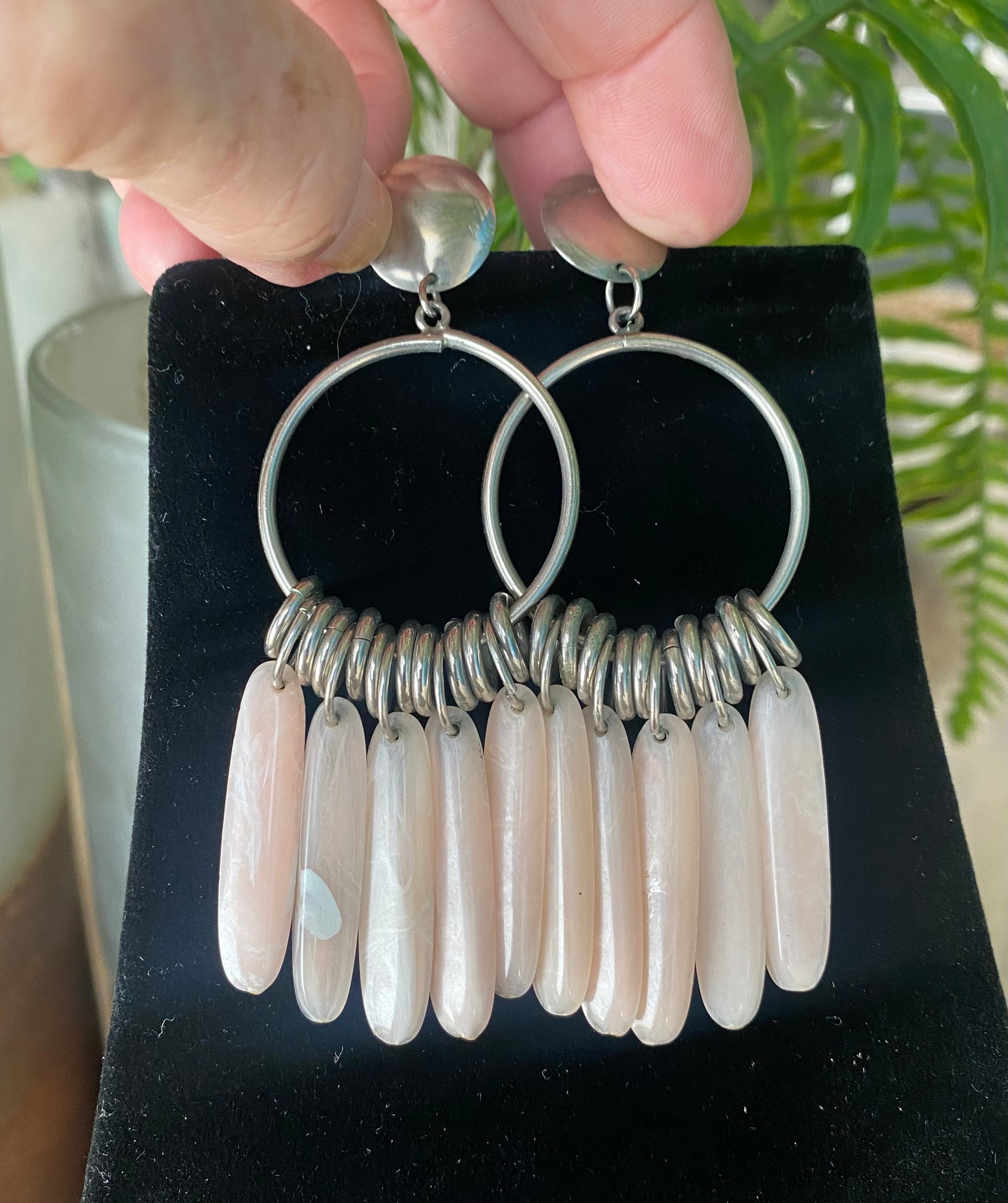 Vintage Round Post Dangle Earrings, Silver Metal with Plastic Shell Pink Dangles, Fun & Flirty