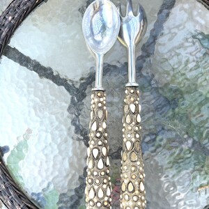 Vintage Large, Heavy Serving Fork & Spoon, Pewter Set, The Handles are Decorated, inlaid with small pieces of either Glass or Resin?