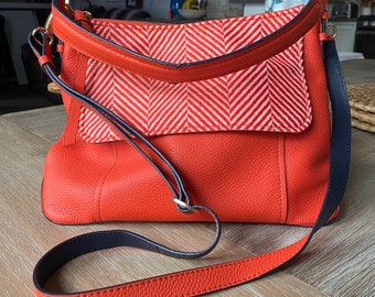 Vintage Tangerine, Orange Real Leather Crossbody Top Handle Satchel from Boden, Black Poke Dot Lining, with Lg Outside Pocket, Slouchy Comfy