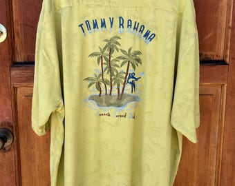 Camisa vintage de seda Tommy Bahama con palmera bordada y puestas de sol a diario, talla XXL