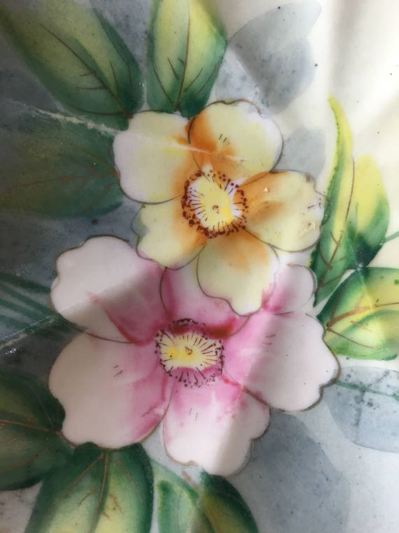 Vintage Nippon Hand Painted Porcelain Flower Bowl, Moriage Beading
