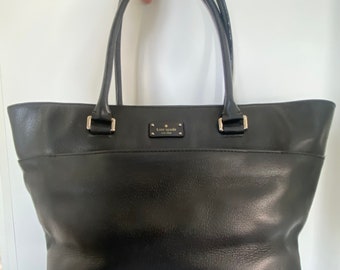 Pre-Owned Genuine Kate Spade Real Black Leather Satchel, Twin Handles, Top Zip Closure, with Silver Metal and Black Monogramed Lining Tote