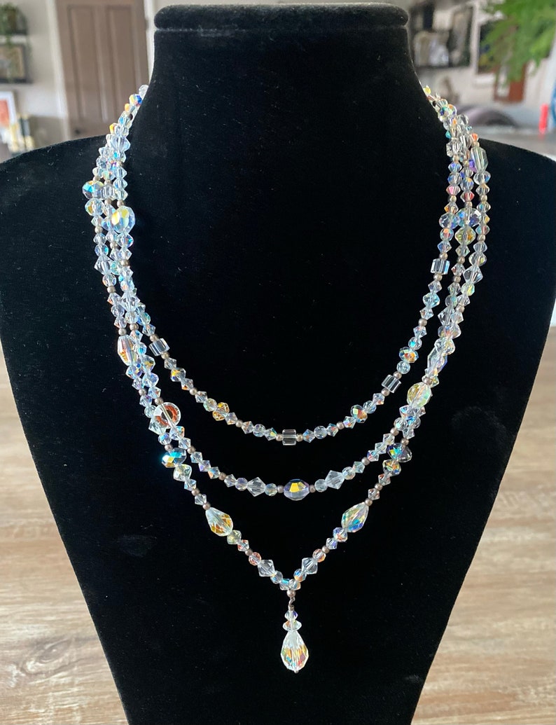 Stunning Vintage Crystal & Sterling Silver Necklace, 3 Strand By Tres Jolie, Retired, 15 to 16 Choker Style, Something for the Bride image 1