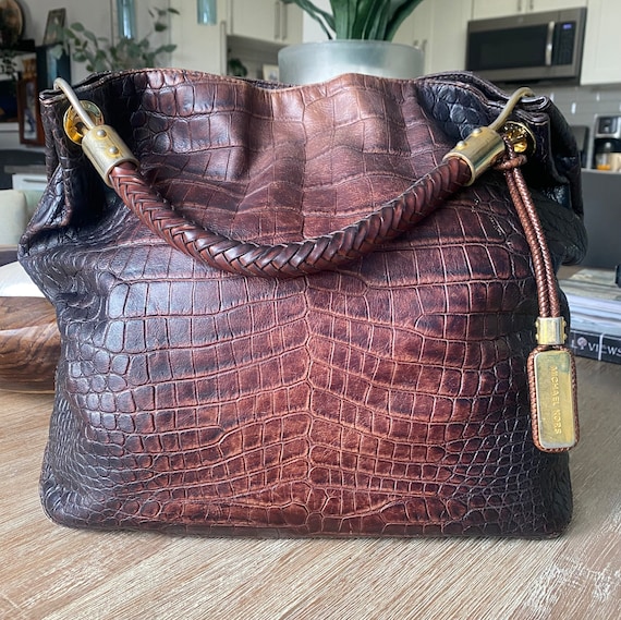 Vintage Michael Kors Skorpios Large Croc Embossed Brown Leather Hobo Bag with 1 Braided Strap