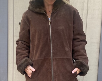 Pre-Owned St. Johns Bay Dark Brown Genuine Leather with Faux Fur, Washable Suede Coat - Jacket, Womens Large Hooded Zip Leather with Pockets