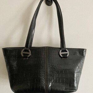 Vintage Franco Sarto negro cuero real satchel, cocodrilo en relieve con 2 correas de hombro bolso, hardware monograma y forro, gran cond