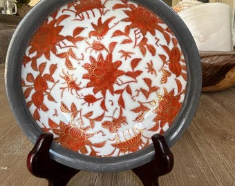 Vintage Japanese Porcelain Pewter Encased Bowl with Red Makers Mark, Mid Century Modern Hong Kong,  Candy Dish