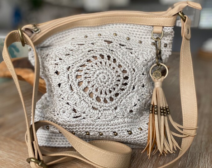 The Sak Lucia Crossbody White Crochet Handbag, Zipper Top Closure, Adjustable Crossbody Strap