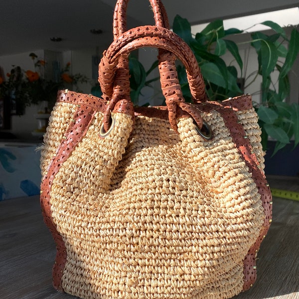 Vintage Flora Bella Woven Top Handle, Shoulder Bag, BoHo Stylish, Raffia & Leather, From Neiman Marcus, Luxurious Slouchy Everyday Bag