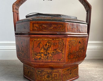 Antique Chinese Wedding Box, Hand Woven, Hand Painted w/ Black Weavings on Handle, Metal Handle and A Wax Signature From the Artist