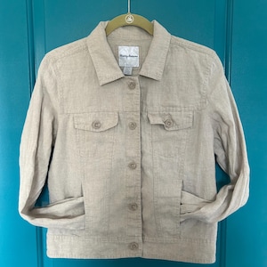 Vintage Pre Owned Tommy Bahama Women&#39;s Linen Jacket, Kaki Color Light Weight Travel Jacket, Two Palms Fabric Linen, Size XS
