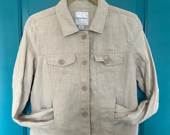 Pre-Owned, Tommy Bahama Linen Jacket, Two Palms Fabric, Kaki Color, Never Worn, Size XS
