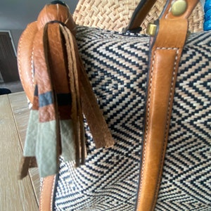 Vintage Fossil Dr Bag, Kendall, Tan Leather, Textile Woven, Satchel Bag, Dark Brown & Tan Herringbone w/ Leather Handbag image 2